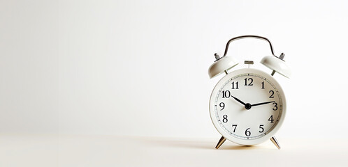Retro alarm clock on white uniform background. Time to work or get up concept. Generative AI
