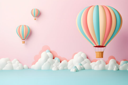 Hot air balloon in 3d clay style on pastel color background.