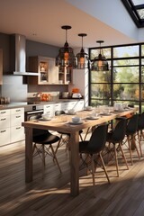 A beautiful well-lit modern kitchen with big dinner table