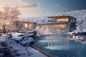 a wellness resort hotel surrounded by a serene winter landscape, with guests enjoying the outdoor hot springs and spa facilities, creating a harmonious blend of relaxation and snowy enchantment - obrazy, fototapety, plakaty