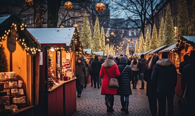 Enjoying Christmas Market, a couple walking near stalls, charming Festive Christmas market, holiday spirits, snowy weather, winter wonderland