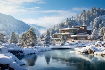 a wellness resort hotel surrounded by a serene winter landscape, with guests enjoying the outdoor hot springs and spa facilities, creating a harmonious blend of relaxation and snowy enchantment - obrazy, fototapety, plakaty