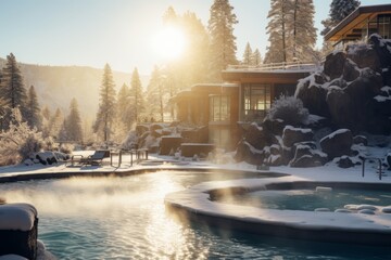 a wellness resort hotel surrounded by a serene winter landscape, with guests enjoying the outdoor hot springs and spa facilities, creating a harmonious blend of relaxation and snowy enchantment