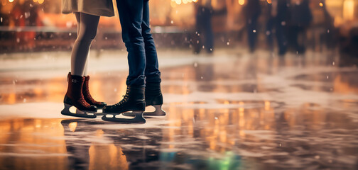 Couple on a date on an Ice Skating rink, standing toe to toe wearing skates. Concept of dating in winter, love or falling in love. Shallow field of view. - obrazy, fototapety, plakaty