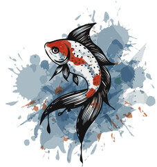Elegant Fish Vector Illustration on Abstract Watercolor Splash Background, Artistic Carp Design for T-shirt and Apparel Graphics, Detailed Red and Black Fish with Flowing Fins and Tai