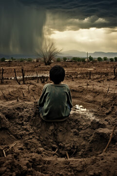 A boy sitting on the muddy ground Have a bored expression