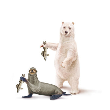 ours blanc et un otarie qui présentent  un poisson gardon