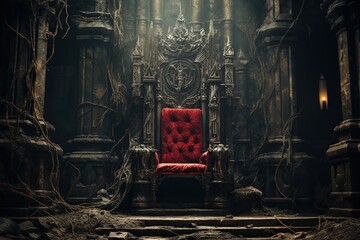An antique style throne in a spacious hall with columns. Generative AI