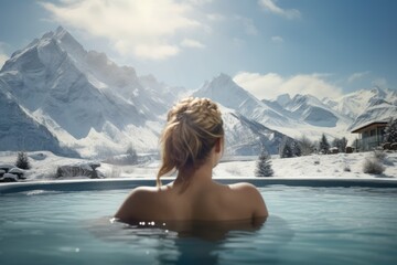 Beautiful woman enjoying a tranquil outdoor spa experience amid a snowy mountain landscape, her relaxed expression reflecting the soothing wellness and rejuvenation offered by the resort - obrazy, fototapety, plakaty