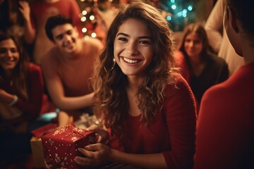 Obraz na płótnie Canvas beautiful woman surrounded by family and friends, exchanging Christmas presents in a room adorned with twinkling lights, living the magical spirit of the holiday season