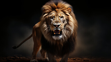 An artistic composition featuring a powerful lion in a commanding pose, set against a clean black background, creating a bold and impactful visual for presentations or backdrops 