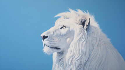 a majestic white lion standing with pride, its detailed fur and captivating blue eyes against a serene single-tone blue background