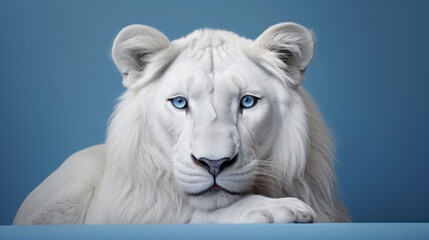 a white lion with intense blue eyes, standing gracefully against an ethereal single-tone background, ensuring studio-quality visuals with the subject fully and prominently displayed