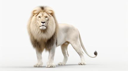 a white lion standing proudly, meticulously crafted against an expansive open space with a subtle single-tone background, suitable for presentations or flyers