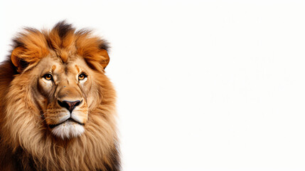 Fototapeta na wymiar A close-up studio image highlighting the intensity of a lion's gaze, set against a simple white background, ensuring a clean and powerful visual suitable for presentations or promotional materials