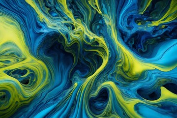 Pulsating azure and neon yellow in a hypnotic dance of fluids.