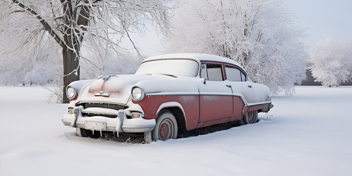 Overcome by Winter stock photo car Winter Photo Covered With Snow and snowny white trees on background Ai Generative 