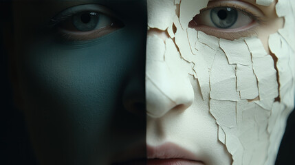 A portrait of a person wearing a mask, highlighting the duality between appearance and reality