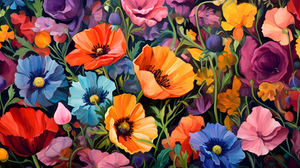 a seamless repeating pattern of brilliantly colored flowers - Background Wallpaper - Generated by AI