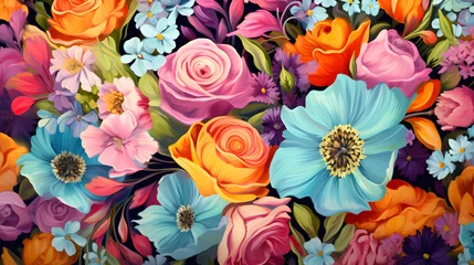 Foto op Canvas a seamless repeating pattern of brilliantly colored flowers - Background Wallpaper - Generated by AI © sbjshah