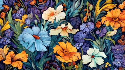 Möbelaufkleber a seamless repeating pattern of brilliantly colored flowers - Background Wallpaper - Generated by AI © sbjshah