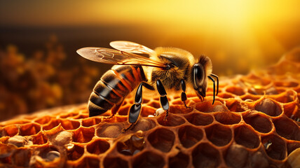 Honeycomb with Honey and bee , - obrazy, fototapety, plakaty