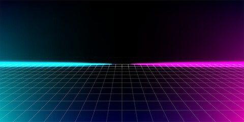 80s Retro Sci-Fi Background Futuristic Grid landscape. Digital cyber surface style of the 1980`s. 3D illustration, infinite mesh Wall top and bottom.