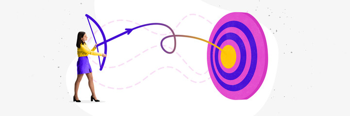 Banner. Contemporary art collage. Modern creative artwork. Confident and motivated woman having achievements and build way how to hit targets. © Lustre Art Group 