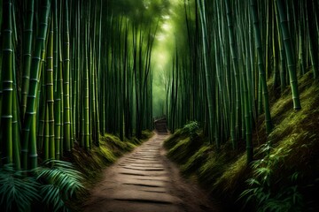 A tranquil bamboo forest with a hidden path leading to an unknown adventure. - obrazy, fototapety, plakaty