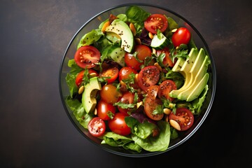 Diet menu. Healthy salad bowl of fresh vegetables, tomatoes, avocado, arugula, radish and seeds on a bowl. Vegan food. Flat lay. Banner. Top view, Black background