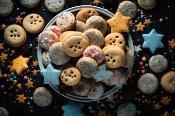 Obraz premium still life of cookies with chocolate on a wooden table, dark background, delicious pastries