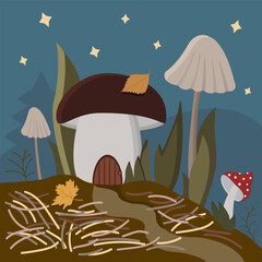 Mushrooms in the forest. Magic forest and starry sky. A house in the forest.