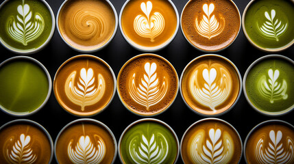 cups of Hot matcha latte and latte art coffee so delicious on dark background, from above
