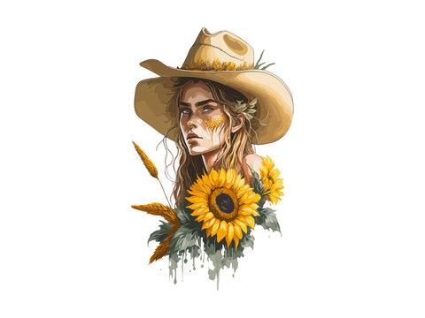 woman wearing hat with sunflowers clip art preview