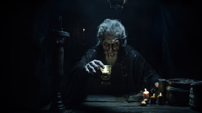 Evil wizard or alchemist making the witchcraft in a dark and scary dungeon. Halloween image.