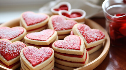Glazed heart shaped cookies for Valentine's day - delicious homemade natural organic pastry, baking with love for Valentine's day, love concept