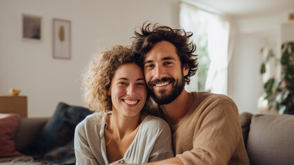 Happy couple having break during moving to new house. - obrazy, fototapety, plakaty