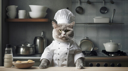 Cute cat chef ready to cooking and baking in a retro style kitchen interior