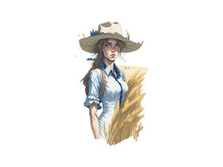 Watercolor Countryside Girl With Cowboy Hat, in a wheat field, Clip Art.
