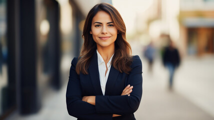Young businesswoman in the city looking at the camera