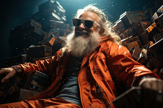 Weird Carefree Hippy Shaggy Mature Dude With A Gray Beard And Sunglasses In Orange Clothes Is Sitting On A Pile Of Boxes And Trunks And Suitcases Illuminated From Above