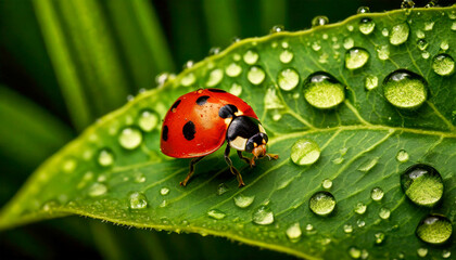 Macro photography of a red ladybug with black dots above a green leaf with dew drops.