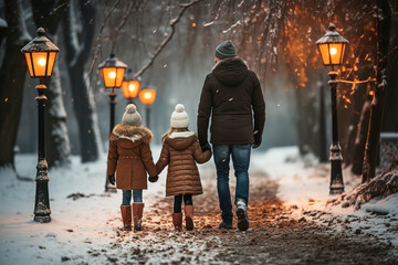 A man and two little girls walking in the snow. - obrazy, fototapety, plakaty