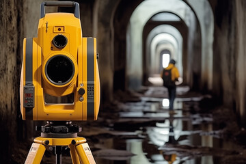 The construction of the tunnel Survey engineers use theodolite Total Station, robotic total station or 3D Laser Scanner. - obrazy, fototapety, plakaty