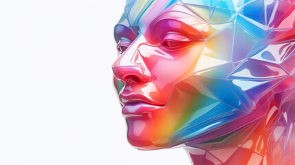 Obraz na płótnie Canvas Poly, abstract, digital woman face on a white background for design, 3D render or art. Face, plexus design and connection points for science, network and artificial intelligence concept