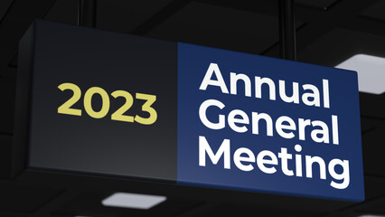 Overhead sign with words - annual general meeting 3d illustration.