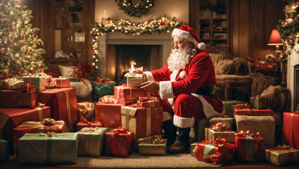 Festive celebration with Santa Claus placing the gift boxes and tree decoration. - obrazy, fototapety, plakaty