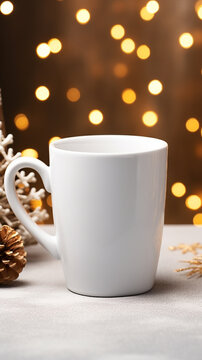 Cup of coffee with christmas decorations on bokeh background