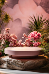 Flowers on pink background, product display podium for natural product. Circular shape base on stone.