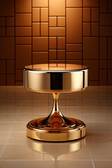 A gold circular plate sitting on top of a counter. Orange background with  product display podium for natural product.
